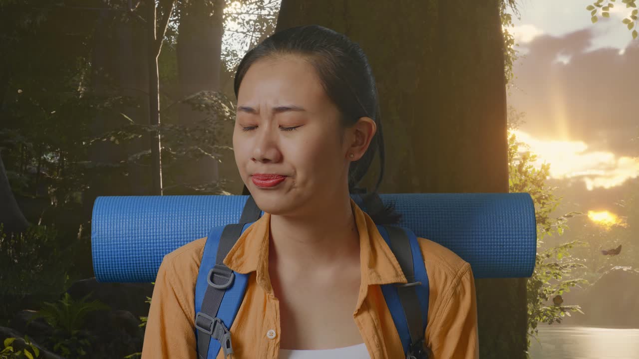 산악 배을 들고 있는 아시아 여성 하이커가 머리를 흔들고 숲의 자연을 탐험하는 동안 불만족한 얼굴을 하고 있다.