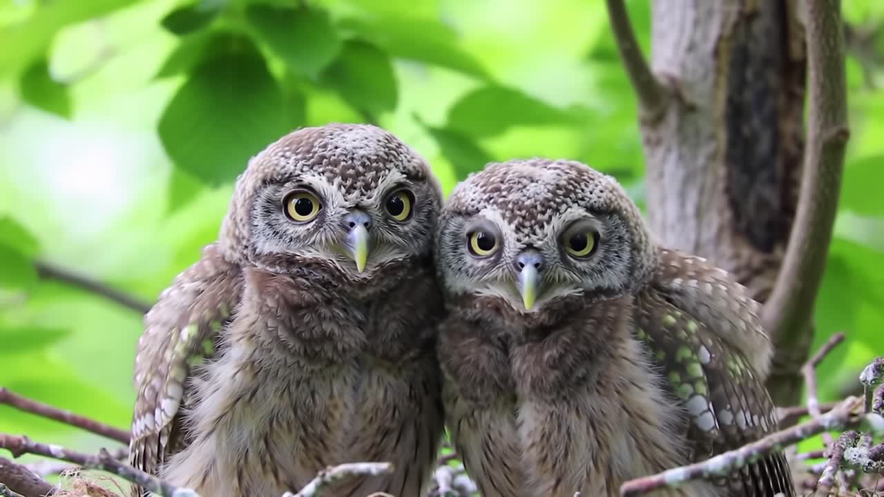 Two Adorable Owls Nesting Together, Capturing the Essence of Wildlife Bonding in Nature's Lush Greenery, Their Curious Gaze Reflecting Playful Innocence and Companionship