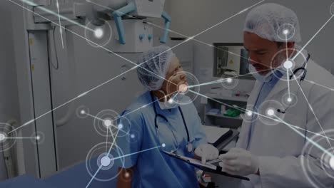 Animation-of-network-of-connections-over-diverse-male-and-female-doctors
