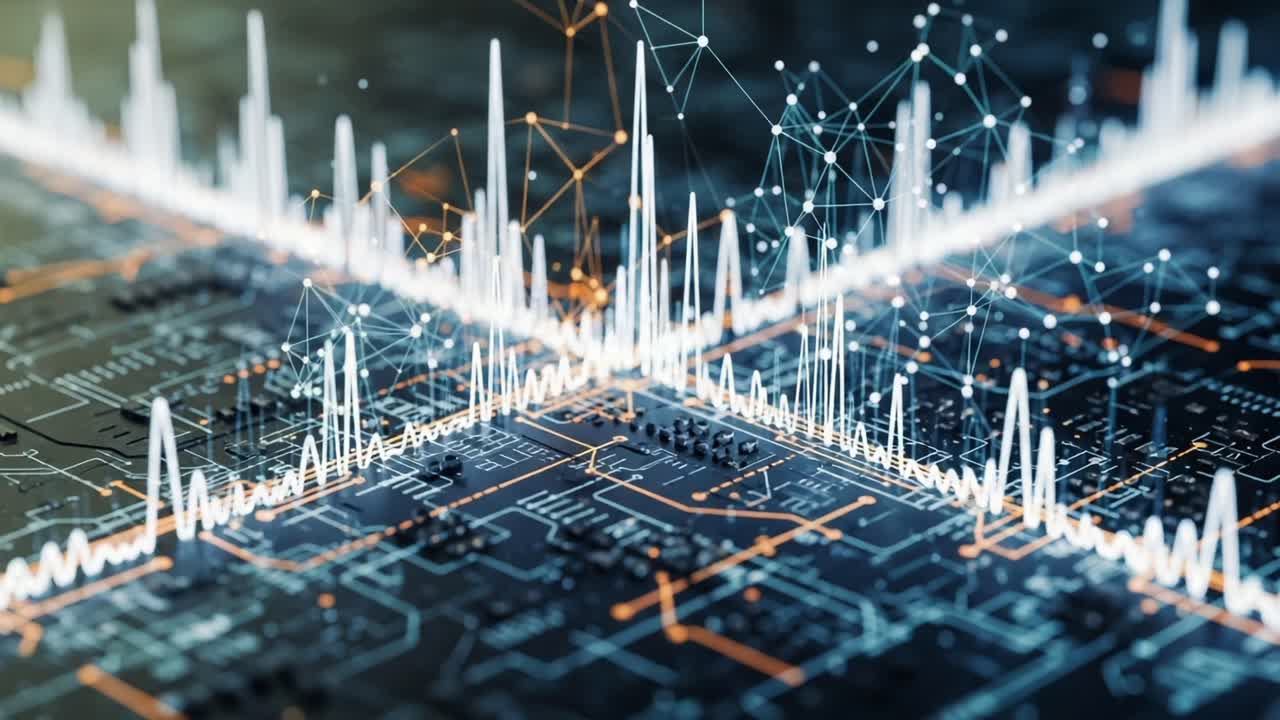 Visual Representation of Data Signals on a Circuit Board Featuring Varied Waveforms Highlighting Digital Analytics and Electronic Data Processing