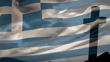 Animation-of-waving-greece-flag-against-silhouette-of-a-cross-on-mountain-against-clouds-in-the-sky
