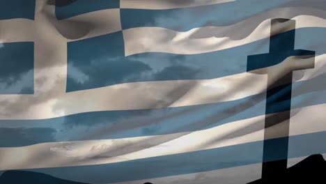 animation of waving greece flag against silhouette of a cross on mountain against clouds in the sky