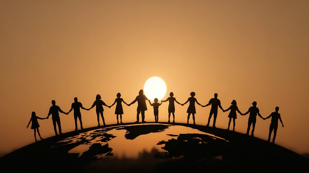 Enhet i mangfold: En silhuettscene av mennesker som holder hender mot en solnedgang over kloden, som symboliserer solidaritet, samhold og global forbindelse