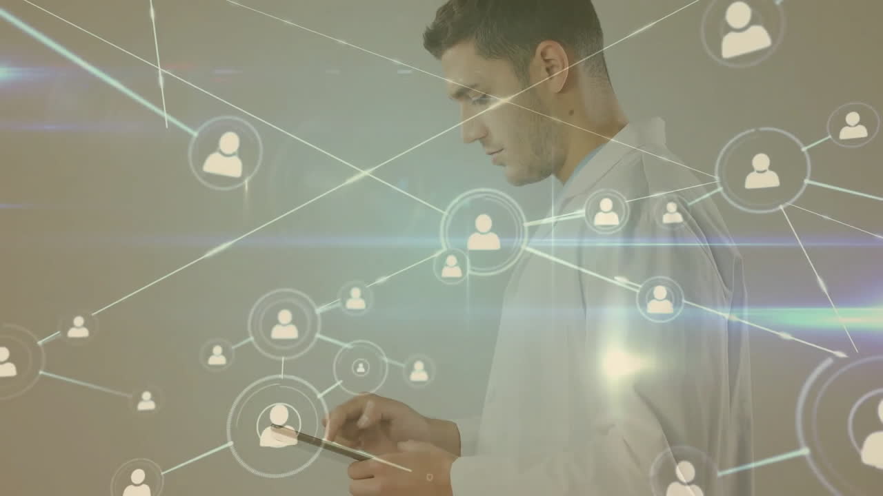 animación de la red de conexiones sobre el médico caucásico en el hospital