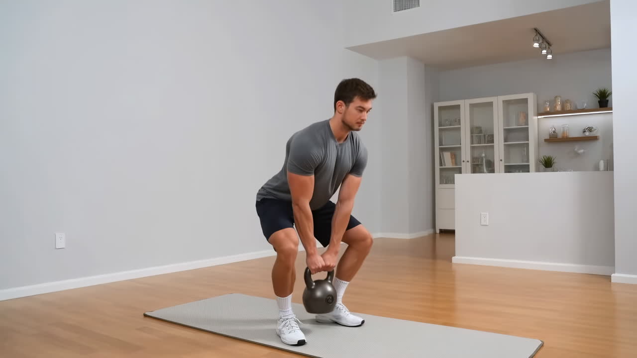 Giovane uomo che esegue squat con kettlebell in una palestra di casa
