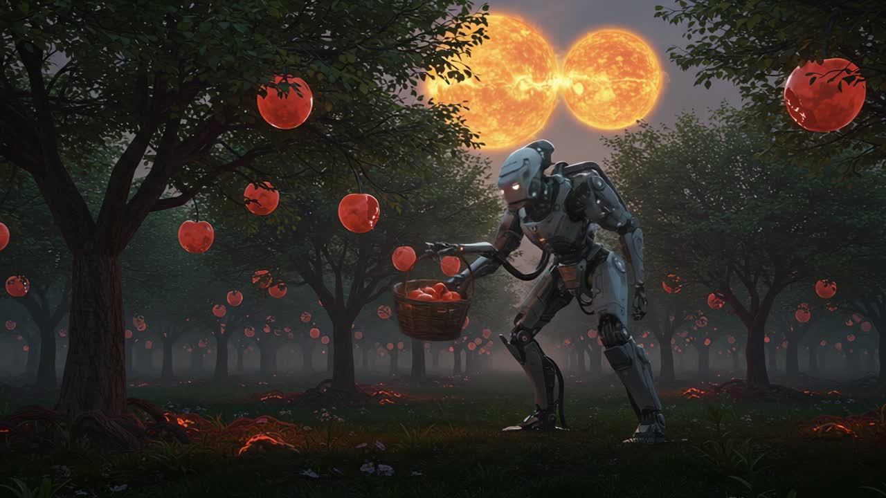 A Robotic Harvest: A Futuristic Android Collecting Glowing Apples in a Lush Fruit Orchard Under Two Radiant Suns
