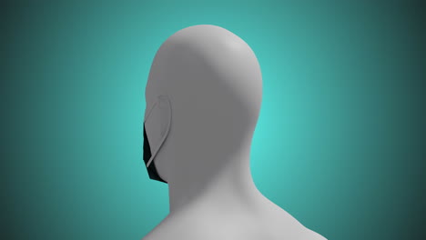 animation of a 3d human body model wearing a face mask on blue background.