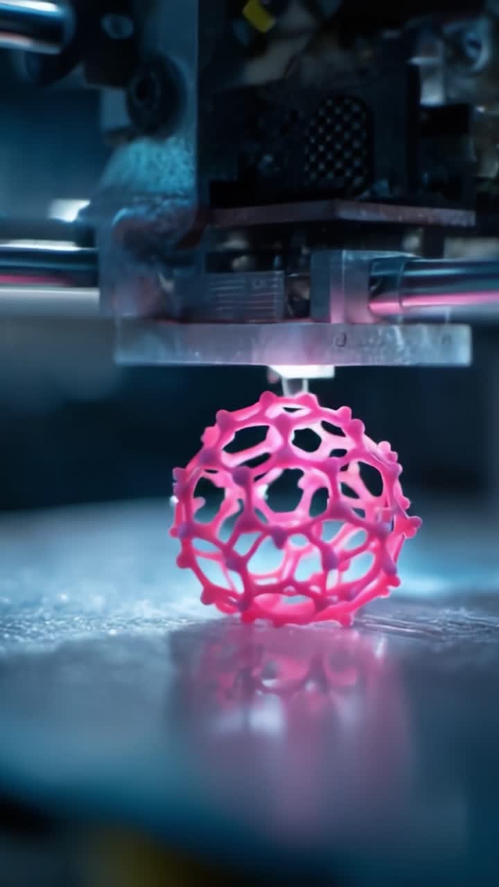 Intricate 3D Printing Process Showcasing a Pink, Lattice-Structured Object Being Fabricated Layer by Layer in a Technologically Advanced Environment