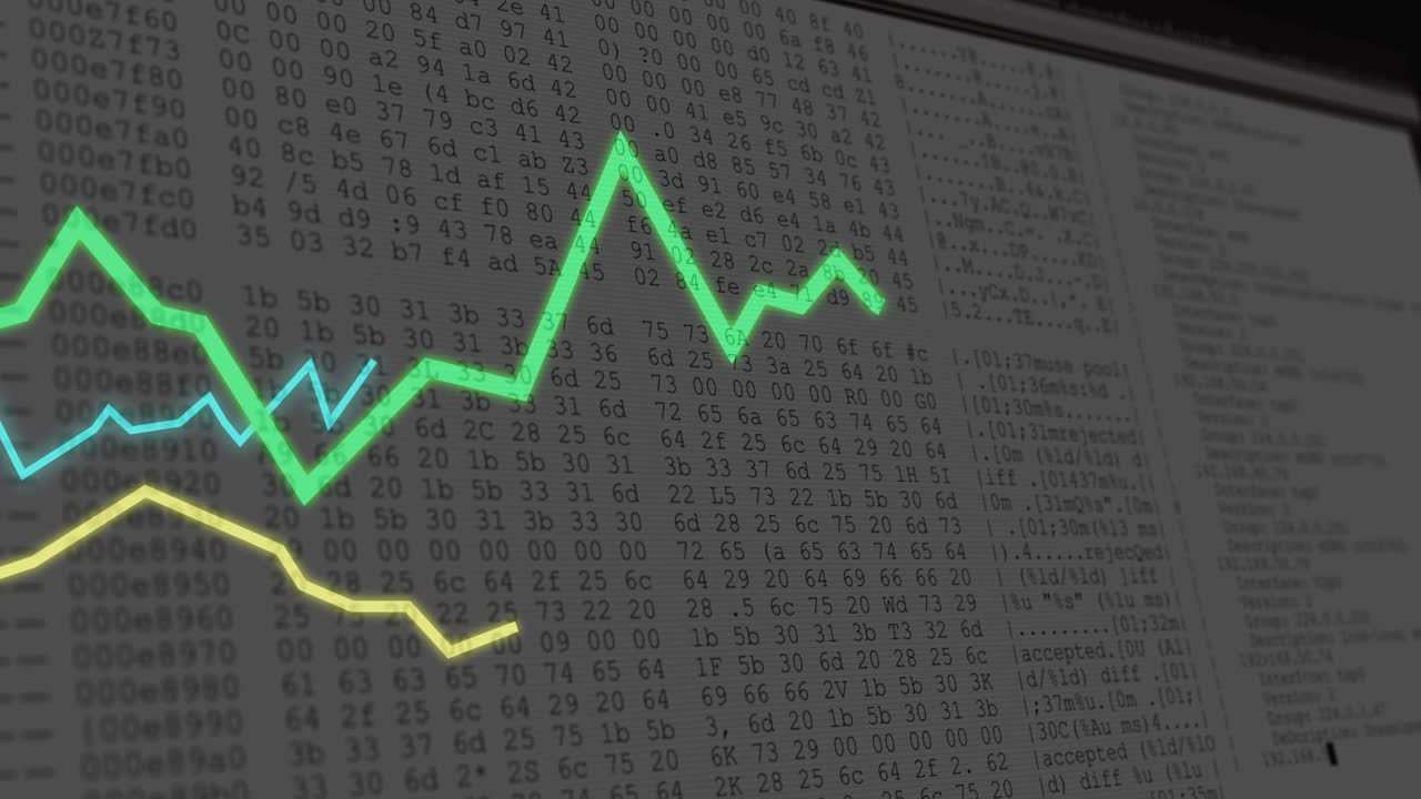 Neon lines appearing lower-left starting green cyan yellow waves tracing hex dump, showing trends