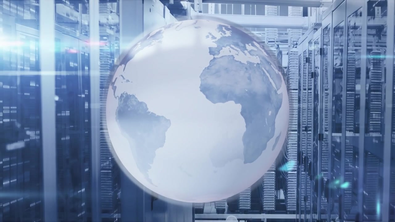 Rotating Globe Over Server Room Background
