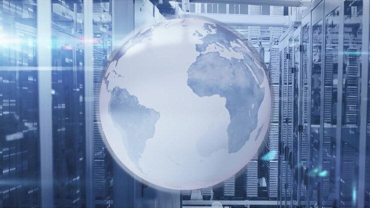 Rotating Globe Over Server Room Background