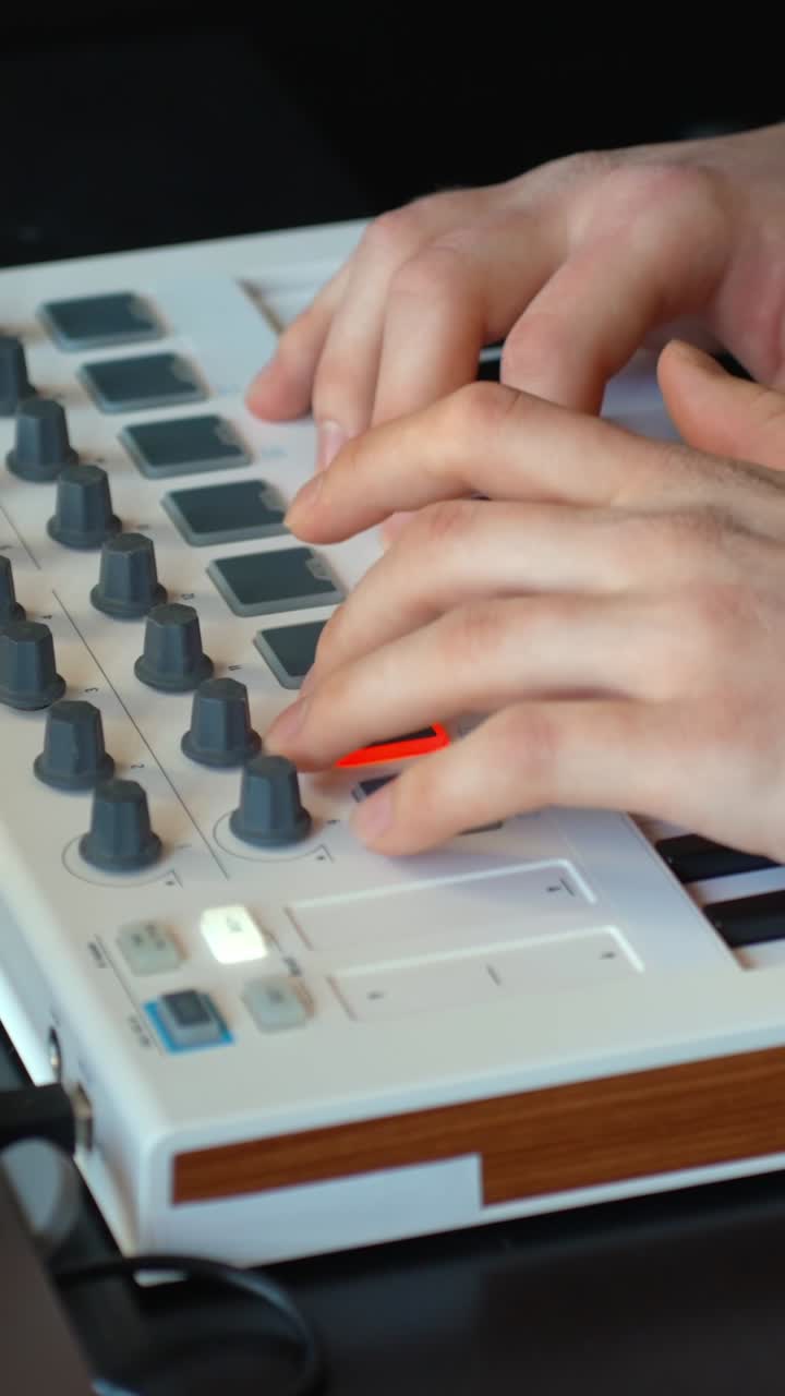 Hands creating electronic music on a midi drum controller, pressing pads and adjusting knobs for digital sound production and beat making in a home studio, vertical extreme close up shot