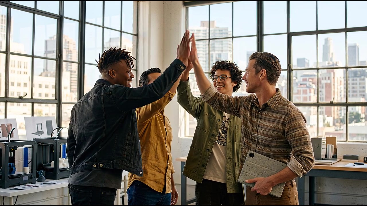 Young creative professionals celebrating innovation success with group high five inside industrial workspace