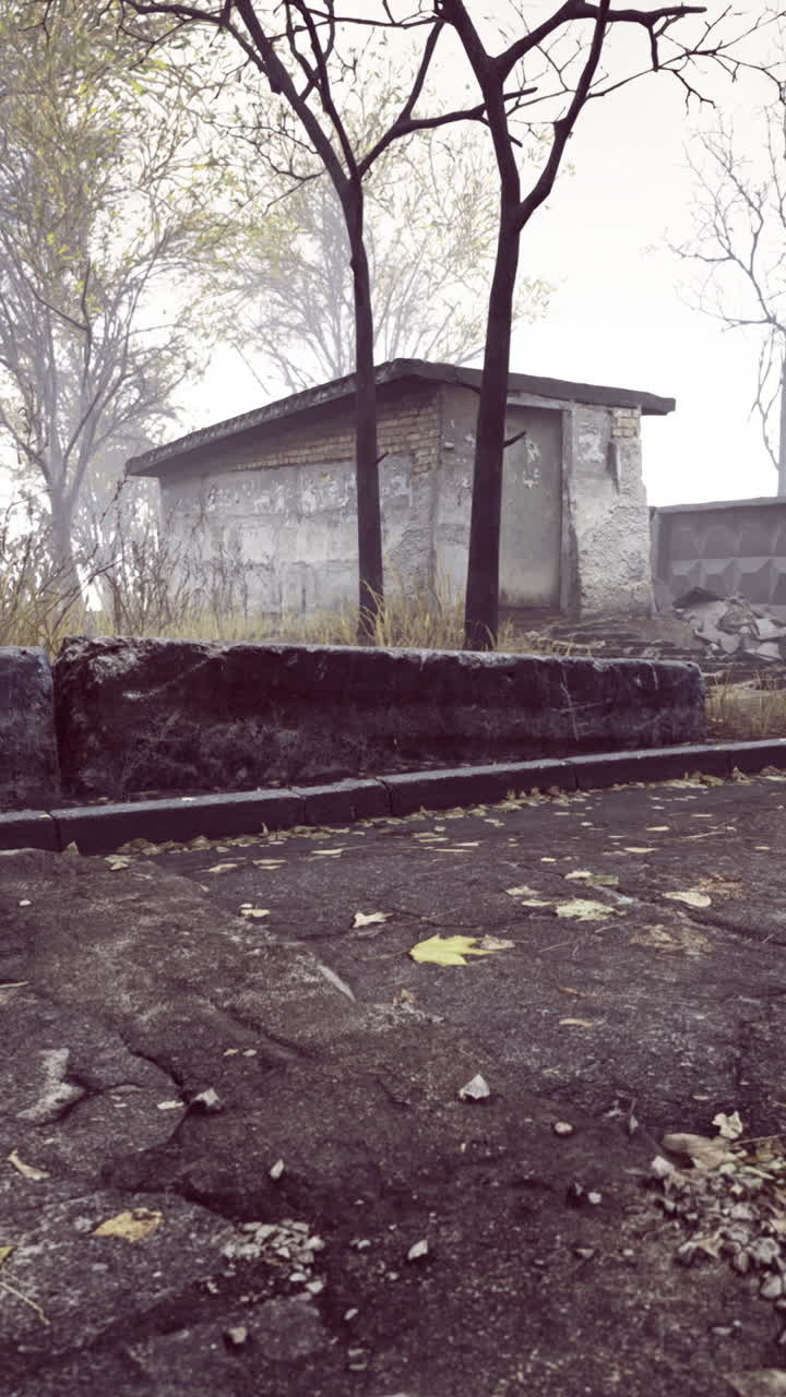 Foggy landscape reveals abandoned paths to a mysterious structure