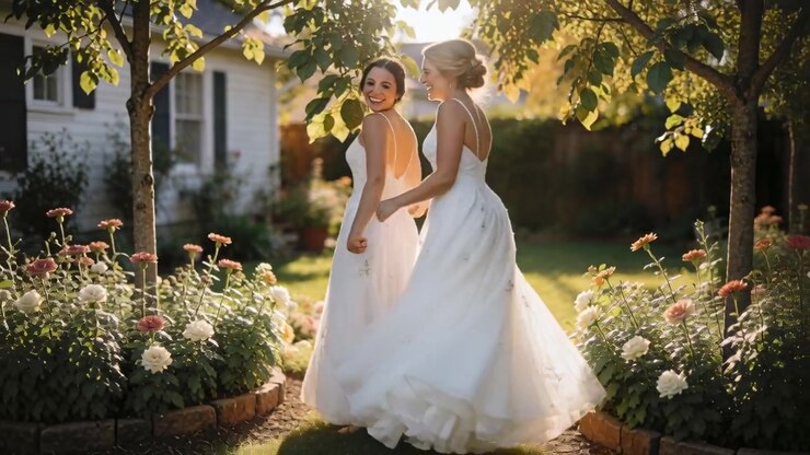 Approaching camera two brides walking yard path by white house holding wedding gowns, twirling