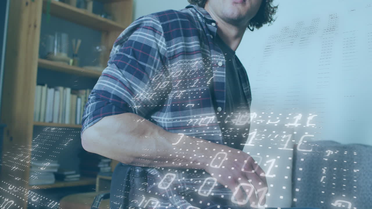 animación de códigos binarios moviéndose sobre joven caucásico mirando hacia otro lado mientras está sentado en silla de ruedas