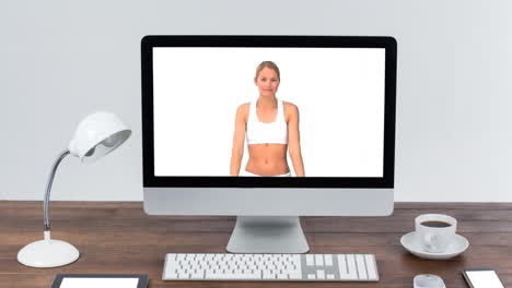 animación de un monitor de computadora que muestra a una mujer caucásica haciendo ejercicio con pesas