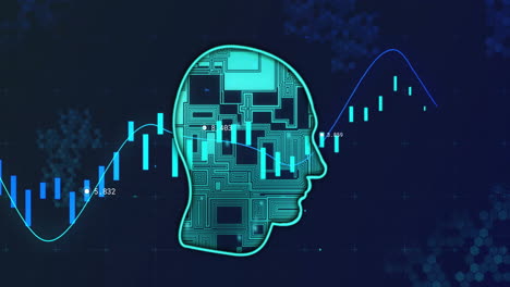 Animation-of-financial-data-processing-over-circuit-board-head-on-black-background