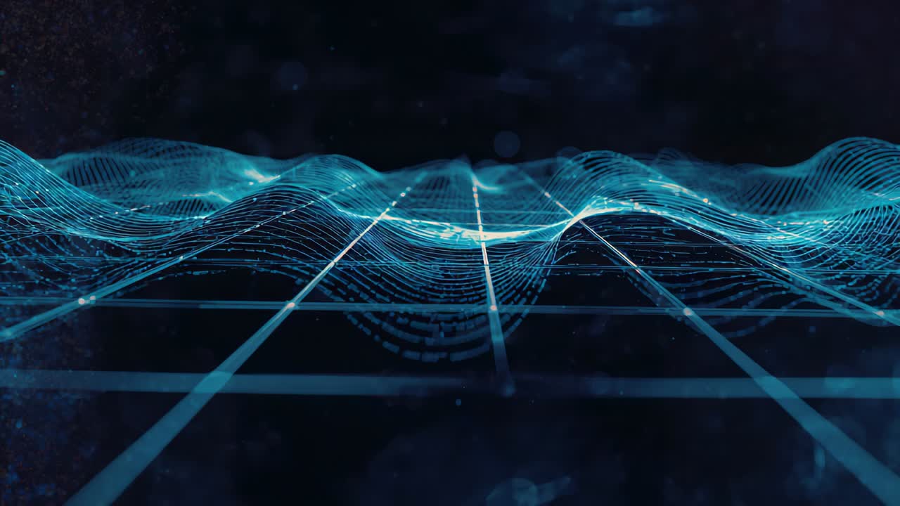 Animating cyan wireframe mesh in digital space growing waves and sending nodes visualizing signal