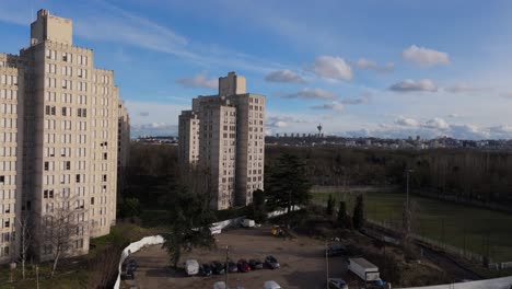 fort d'aubervilliers neighborhood, buildings, suburbs of paris, france. aerial drone