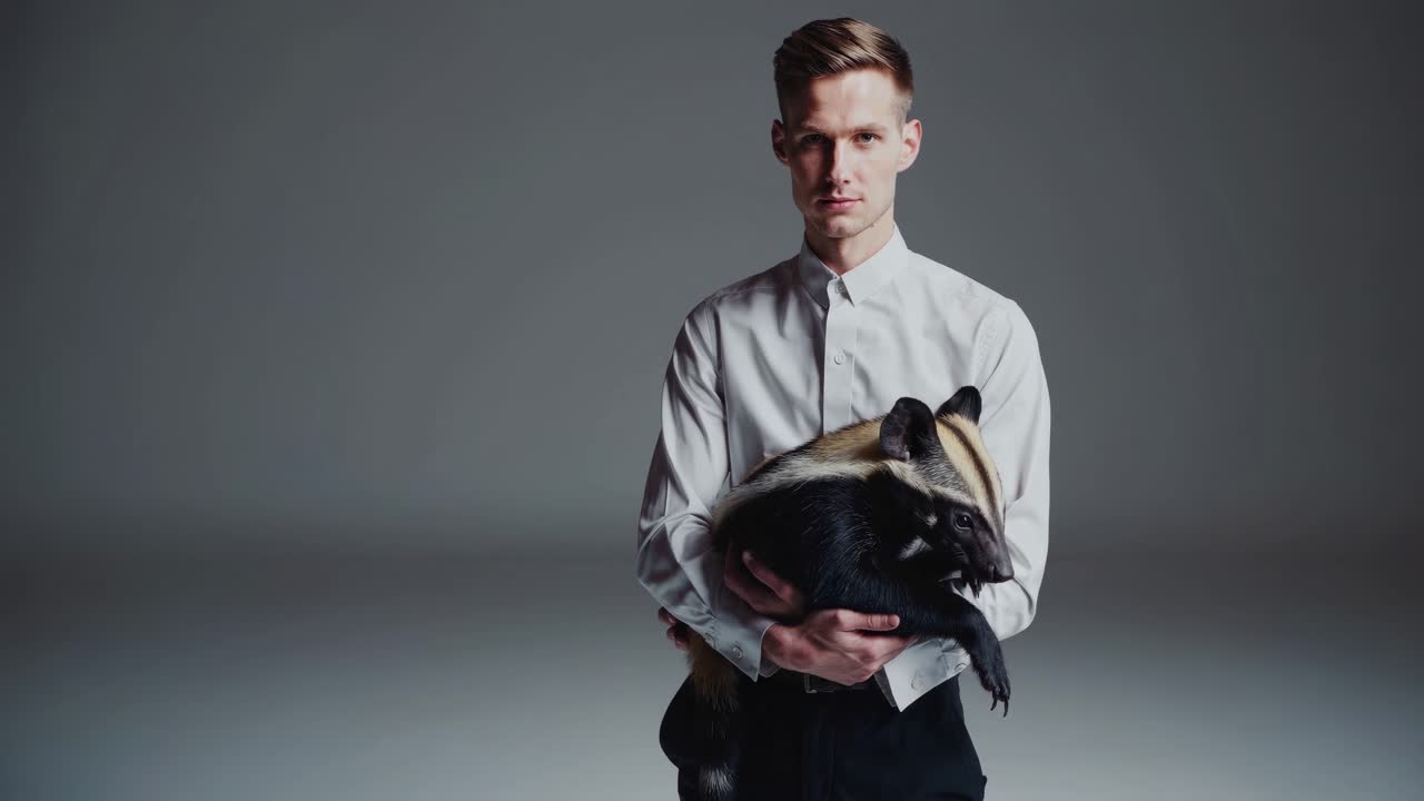 hombre sosteniendo un animal pequeño en el estudio