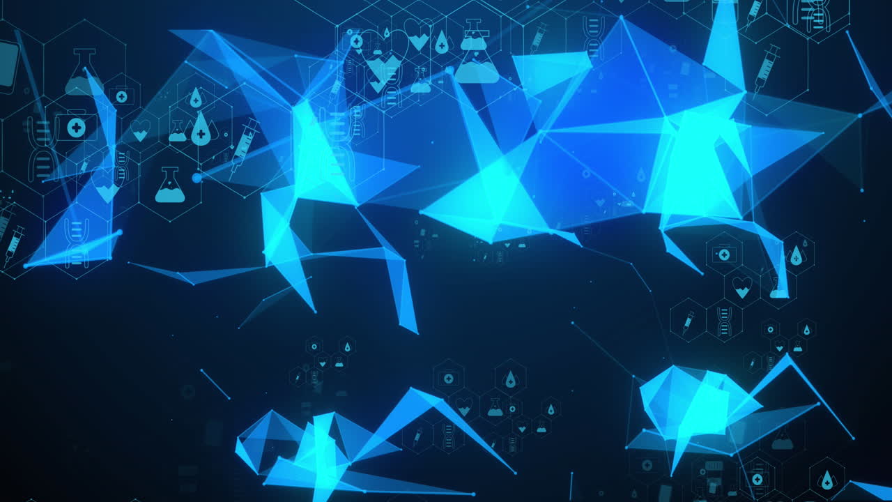 Animation of glass shard with medical icons and data processing on black background