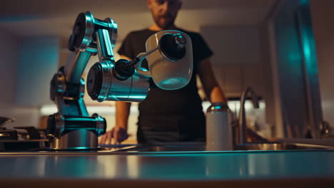 robot arm holding a coffee cup in a modern kitchen