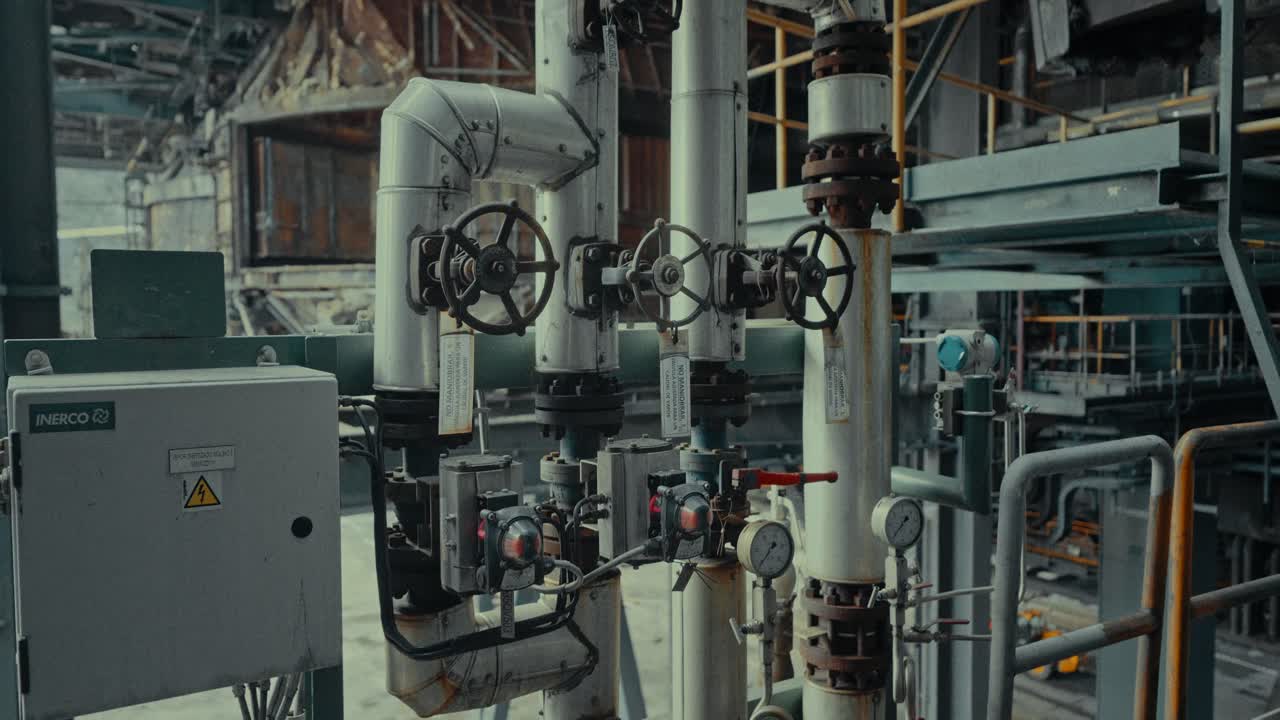 Vista dettagliata di un sistema di tubazioni industriali con valvole di controllo