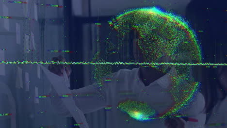 animación de gráfico y globo sobre diversas compañeras y compañeros de trabajo