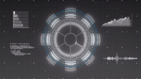 animation of data processing and scope scanning over black background