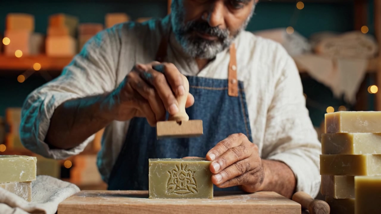 Artesano Estampando Cuidadosamente Jabones Hechos a Mano con Diseños Intrincados, Mostrando Artesanía y Atención al Detalle en un Acogedor Taller Lleno de Ambiente Natural