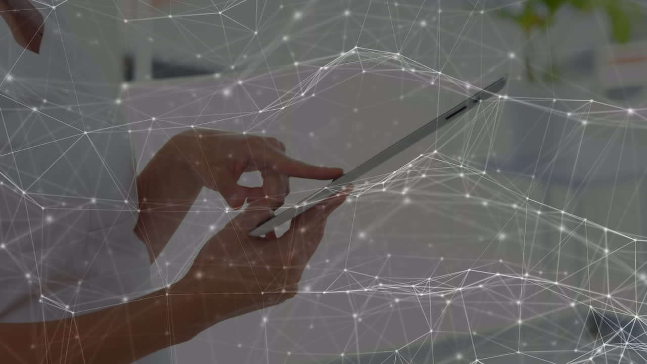 Animation of network of connections over biracial woman using tablet