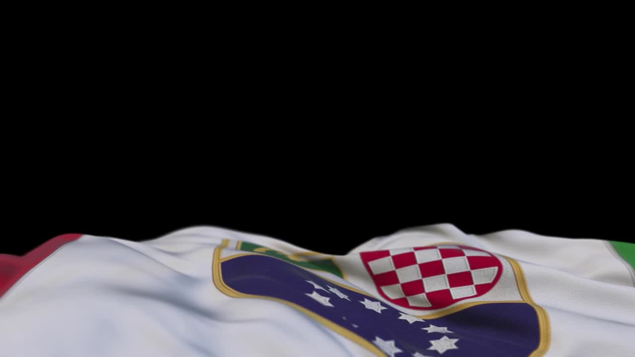 bandera de tela de la federación de bosnia y herzegovina ondeando en el bucle del viento. bandera de tela cosida de bordado de la federacion de bosnia e herzegovina balanceándose en la brisa. fondo negro medio lleno. lugar para el texto. bucle de 20 segundos.