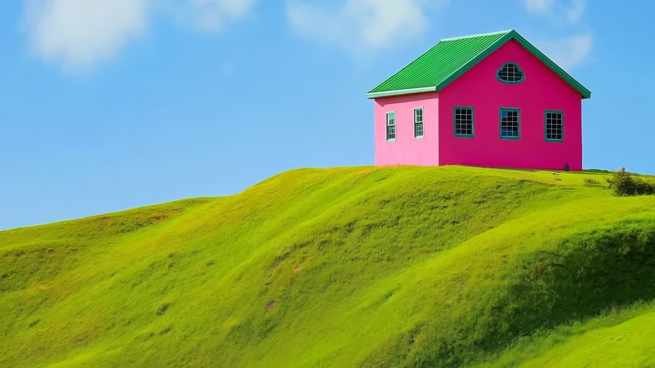 푸른 하늘과 함께 푸른 언덕에 있는 분홍색 집