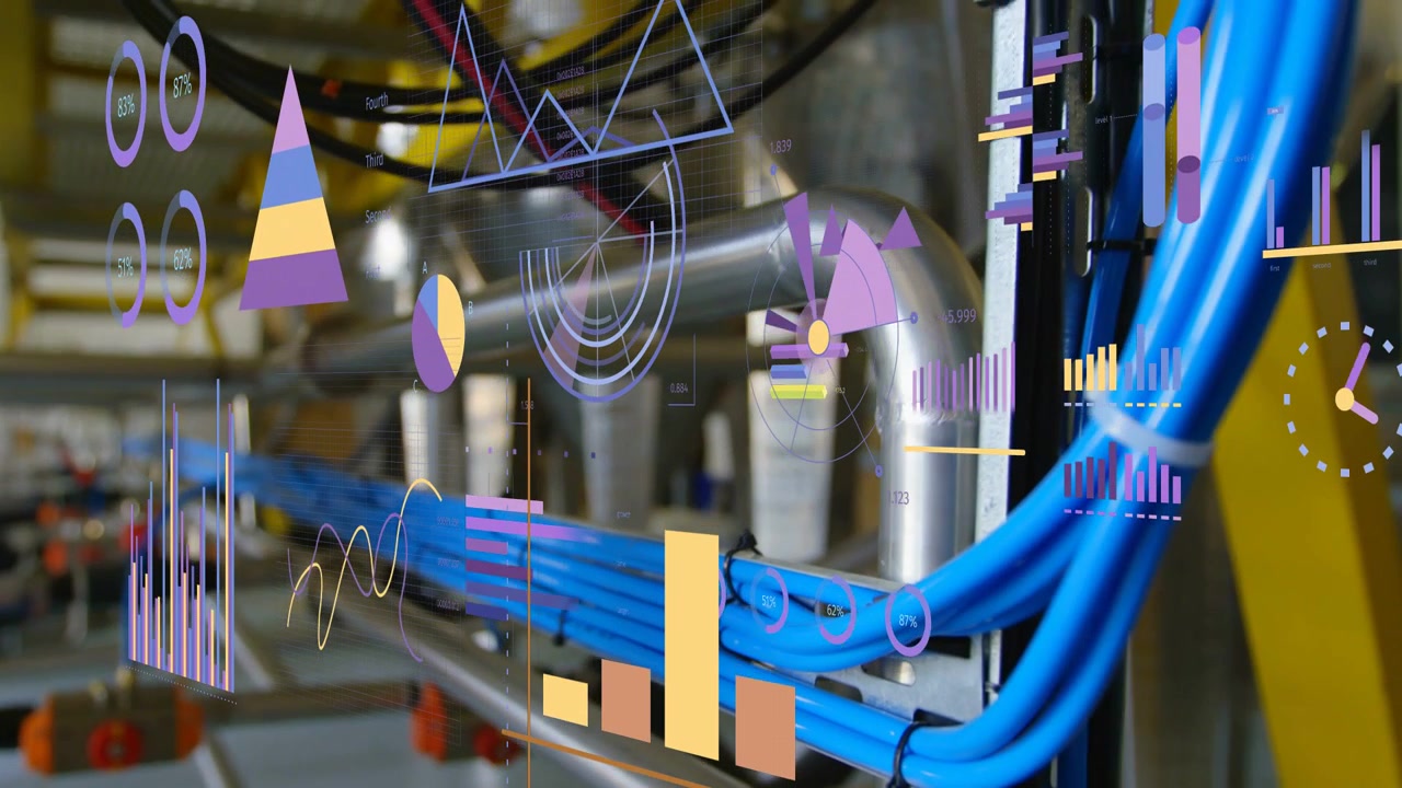 Camera panning right, bright blue data cables sliding toward edge with AR charts mapping live data