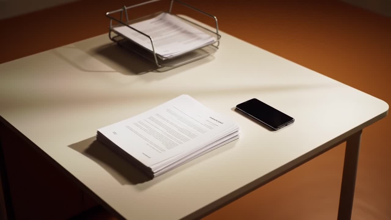 A Minimalistic Workspace Featuring Documents and a Smartphone on a Simple Table with Warm Lighting, Ideal for Focused Work or Study Sessions