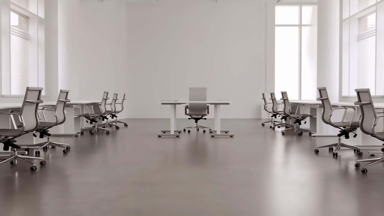 Empty Modern Conference Room With Chairs And Central Desk, Bright Windows And Polished Floor Create Calm