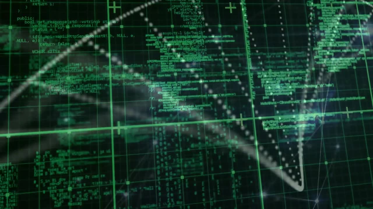 animación de la cuadrícula verde y las partículas que forman la hélice de adn sobre el procesamiento de datos verdes, en negro