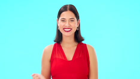 Face,-woman-and-blowing-kiss-on-blue-background