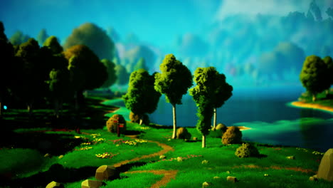 cartoon landscape with hills and forest