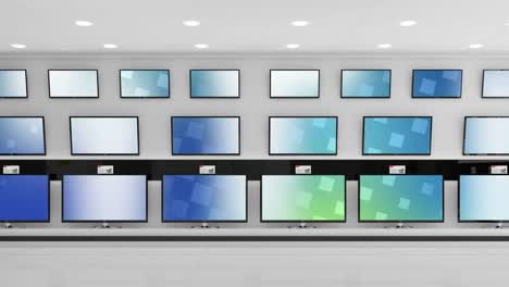Animation-Von-Reihen-Von-Fernsehgeräten-Mit-Leuchtenden-Blauen-Und-Grünen-Bildschirmen-Im-Laden
