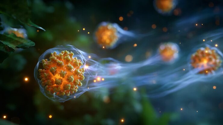 Mikroskopisk visning af virus i bevægelse: Indfang den dynamiske bevægelse af patogener gennem et gådefuldt grønt miljø fyldt med lys og farver