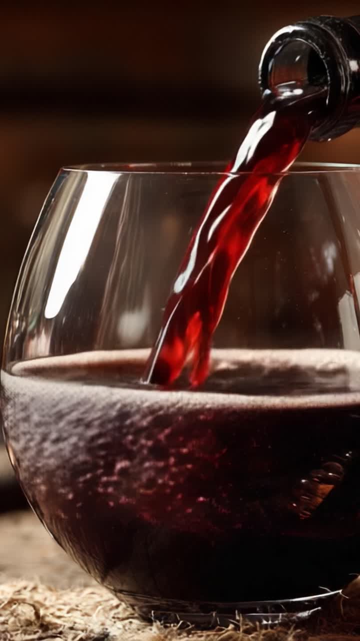 Cautivador primer plano de vino tinto intenso vertiéndose con elegancia en una copa, que destaca su color vibrante y su textura burbujeante sobre un fondo rústico