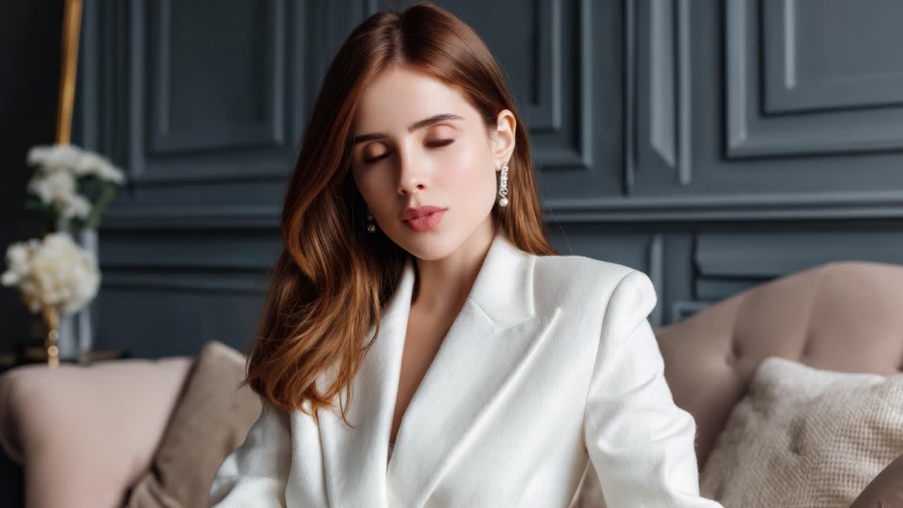 Elegant Portrait of a Woman in Chic White Attire, Set Against a Stylish Gray Background with Soft Textures and Sophisticated Decor Elements