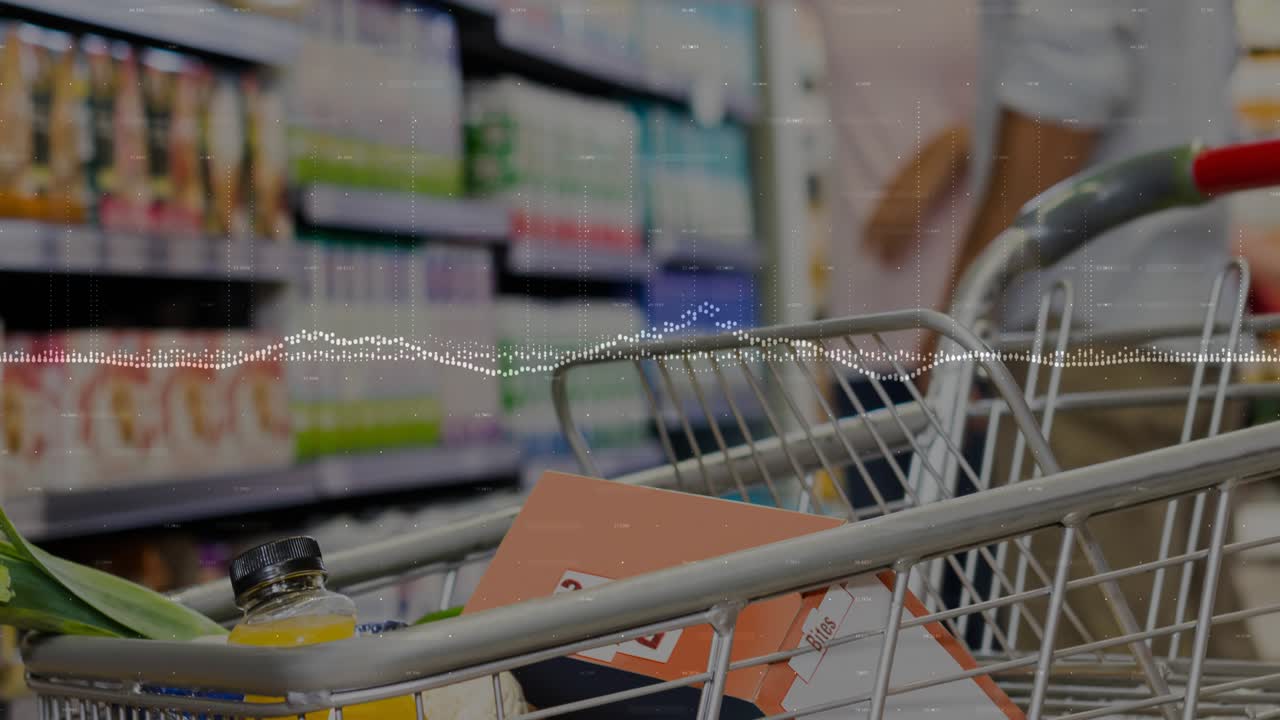 Female shopper pushing cart down grocery aisle to shop, dotted waveform overlay tracking movement