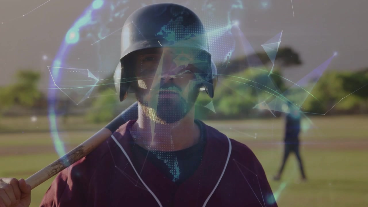 Battitore in piedi con la mazza, con frammenti deboli che appaiono formando un globo olografico sopra il casco, dimostrazione di tecnologia sportiva.