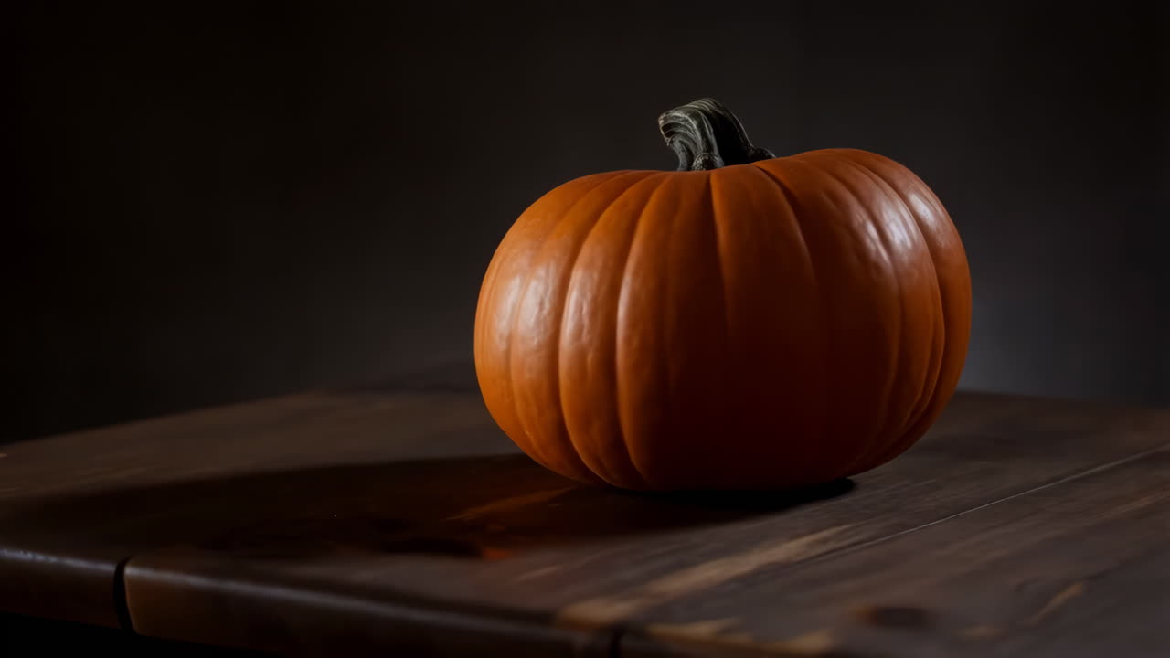 Orange Pumpkin on a Dark Wooden Table