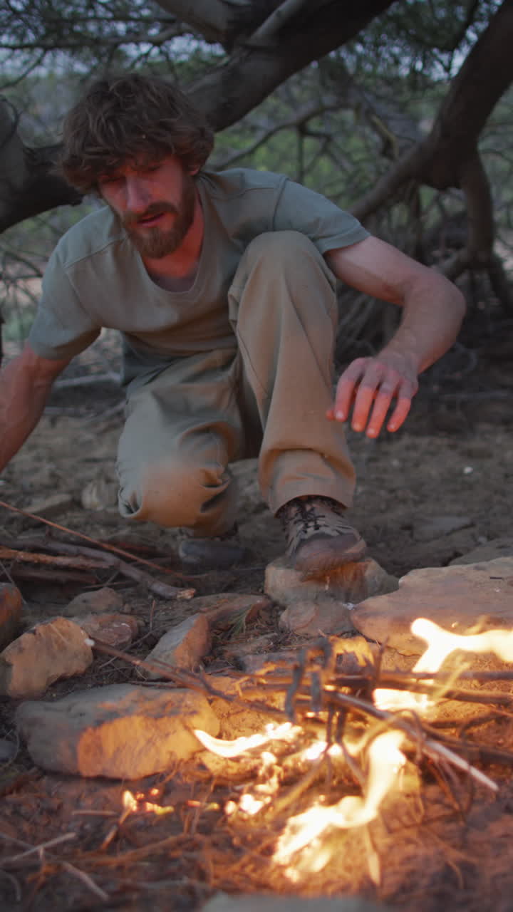 вертикальное видео бородатого белого мужчины, занимающегося выживанием, зажигающего костер в пустыне.