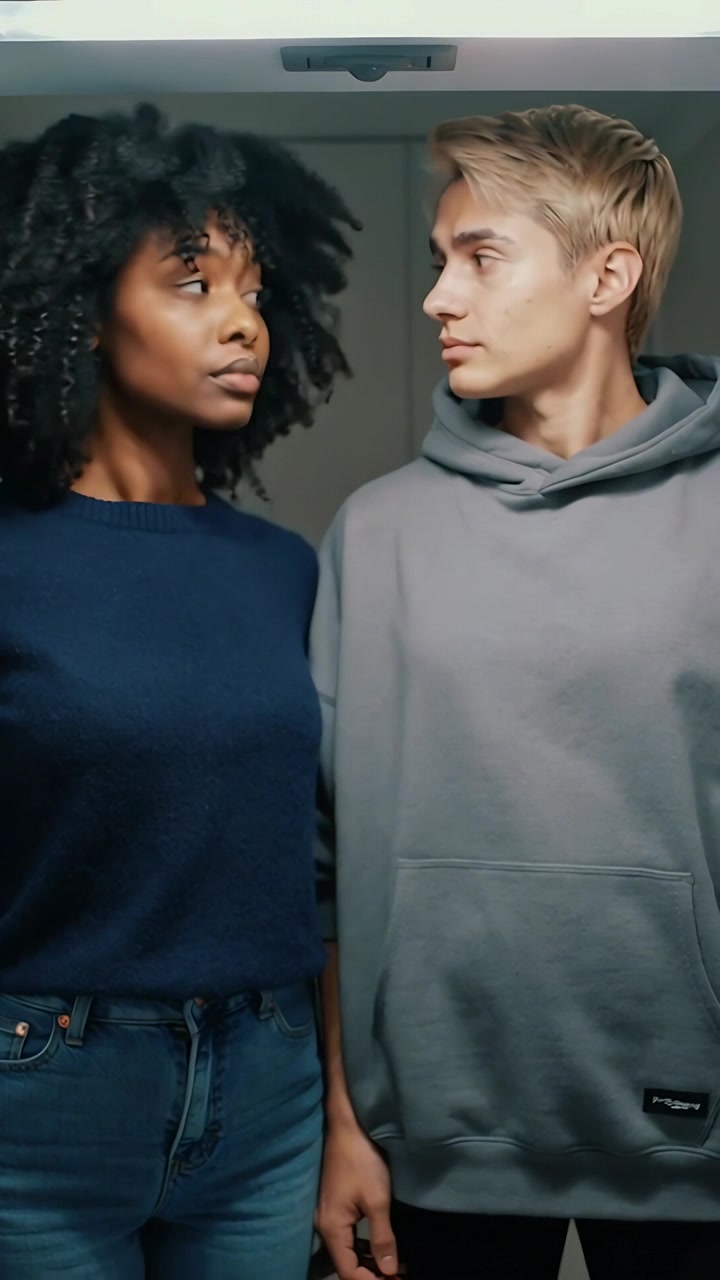 Vídeo vertical: Mulher de blusa azul-marinho baixando o olhar, fazendo homem de moletom cinza olhar pela luz, trocando olhares.