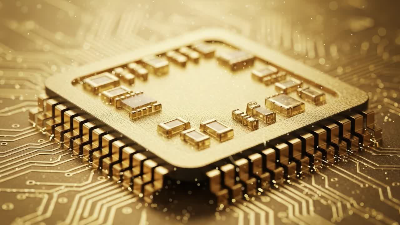 Close-up View of a Gleaming Golden Microprocessor on a Circuit Board, Showcasing Advanced Technology and Intricate Patterns of Electronic Components